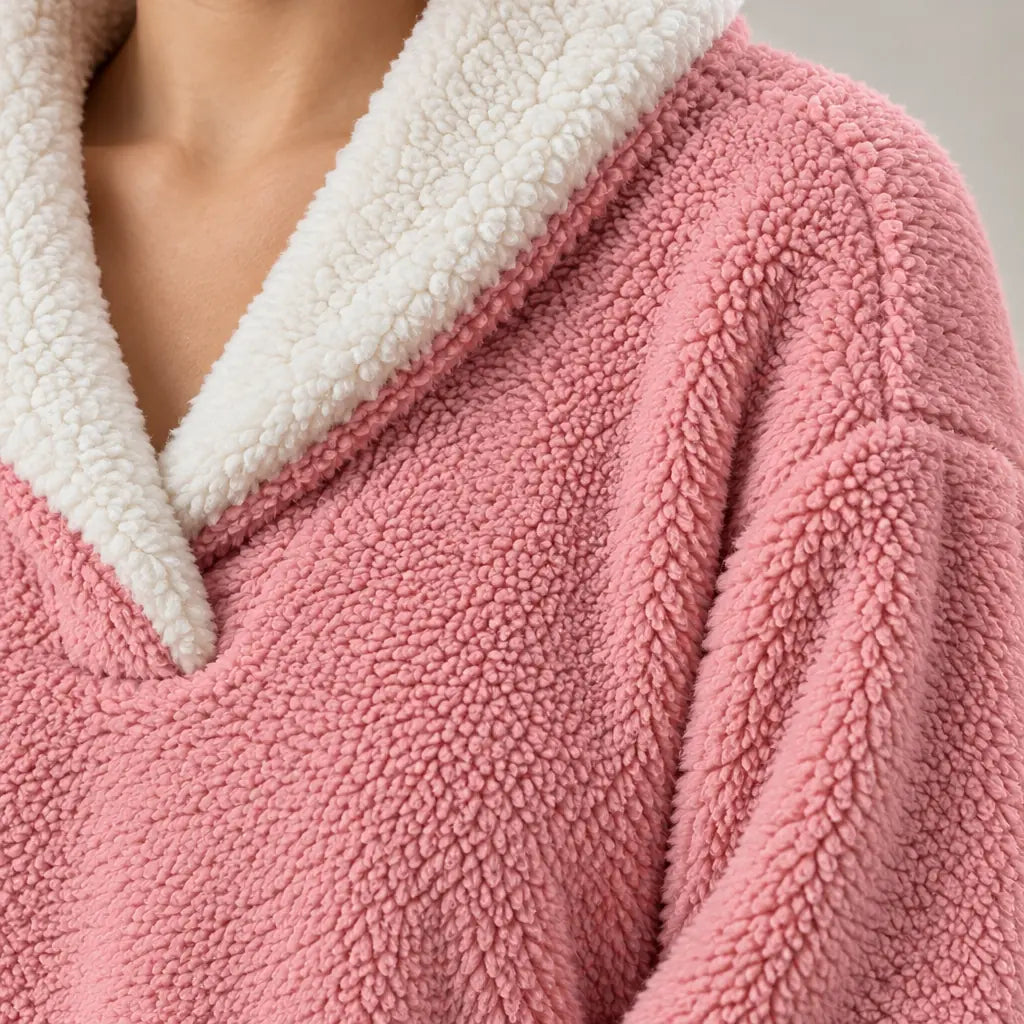 Women's Pajama Set - Sherpa Shawl Collar V-Neck Top & Pants - Pink