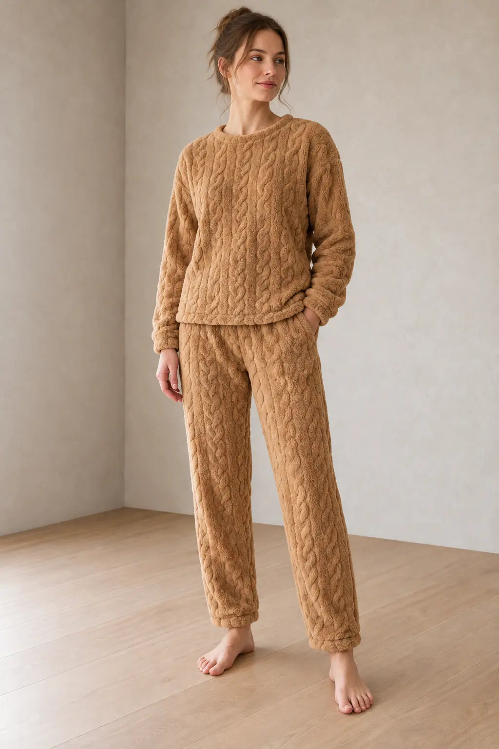 Women's Pajama Set - Cable Texture Plush Crewneck Top & Pants - Camel