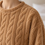 Women's Pajama Set - Cable Texture Plush Crewneck Top & Pants - Camel