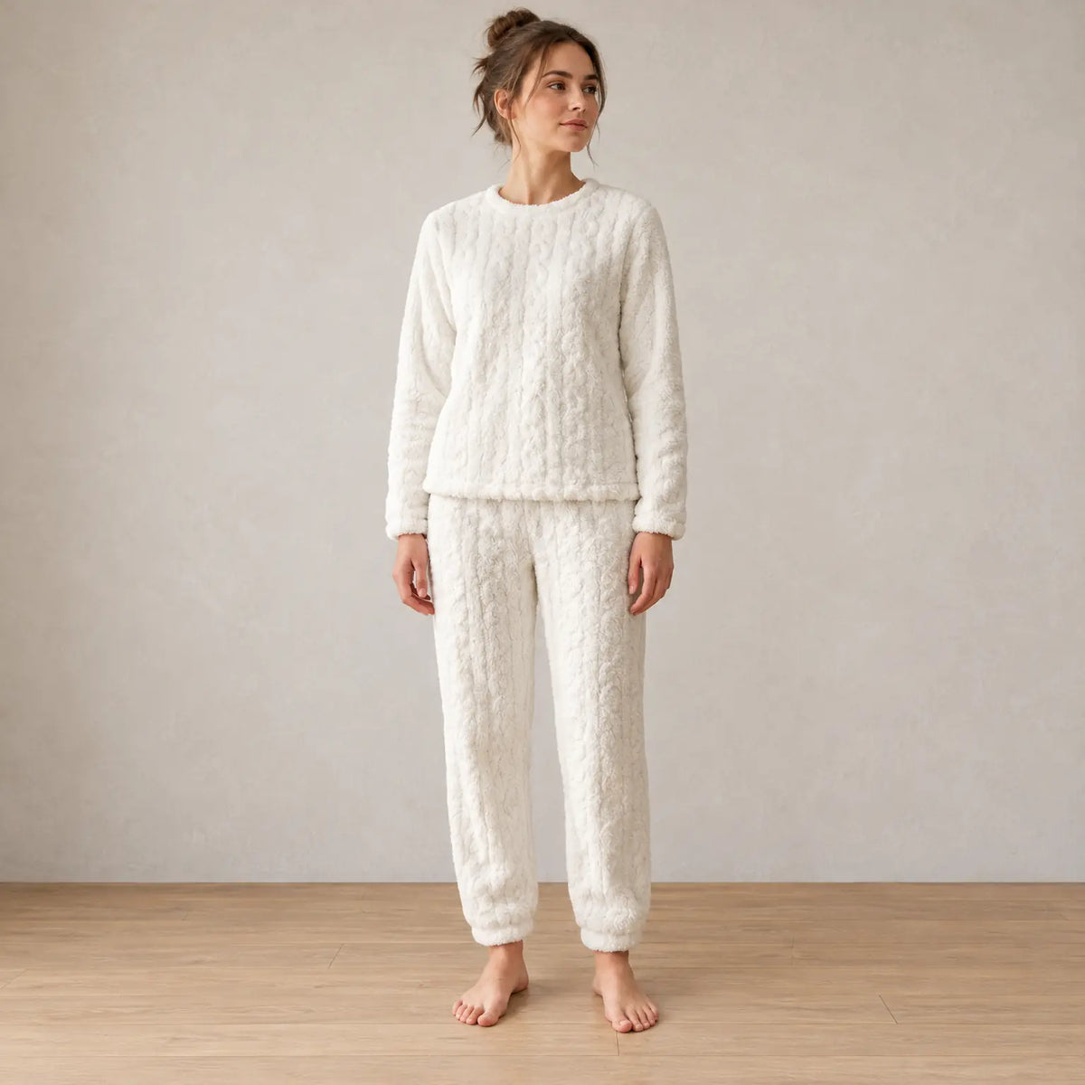 Women's Pajama Set - Cable Texture Plush Crewneck Top & Pants - White