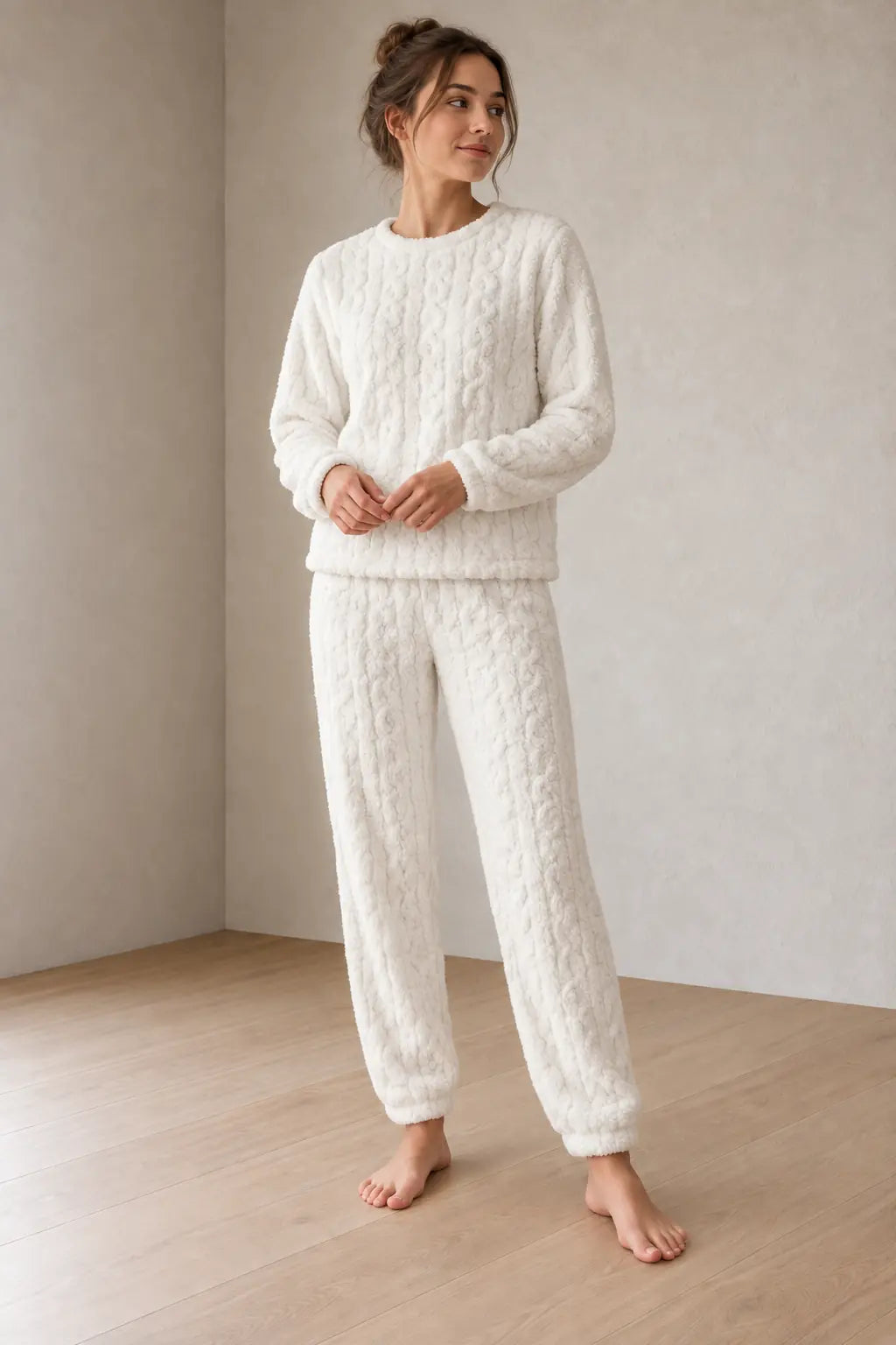Women's Pajama Set - Cable Texture Plush Crewneck Top & Pants - White