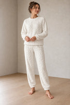 Women's Pajama Set - Cable Texture Plush Crewneck Top & Pants - White