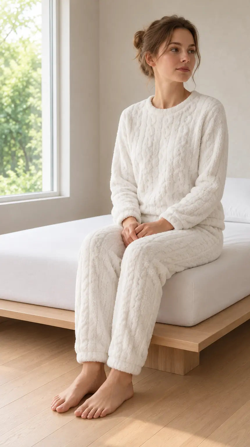 Women's Pajama Set - Cable Texture Plush Crewneck Top & Pants - White