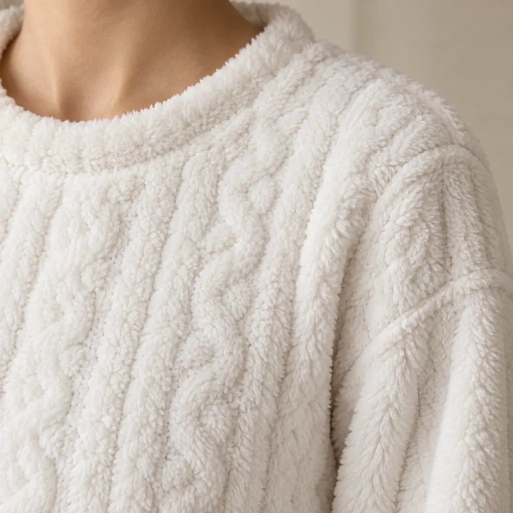 Women's Pajama Set - Cable Texture Plush Crewneck Top & Pants - White