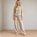 Women's Knit Set - Textured Crew Neck Sweater & Wide Leg Pants - Beige