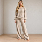 Women's Knit Set - Textured Crew Neck Sweater & Wide Leg Pants - Beige