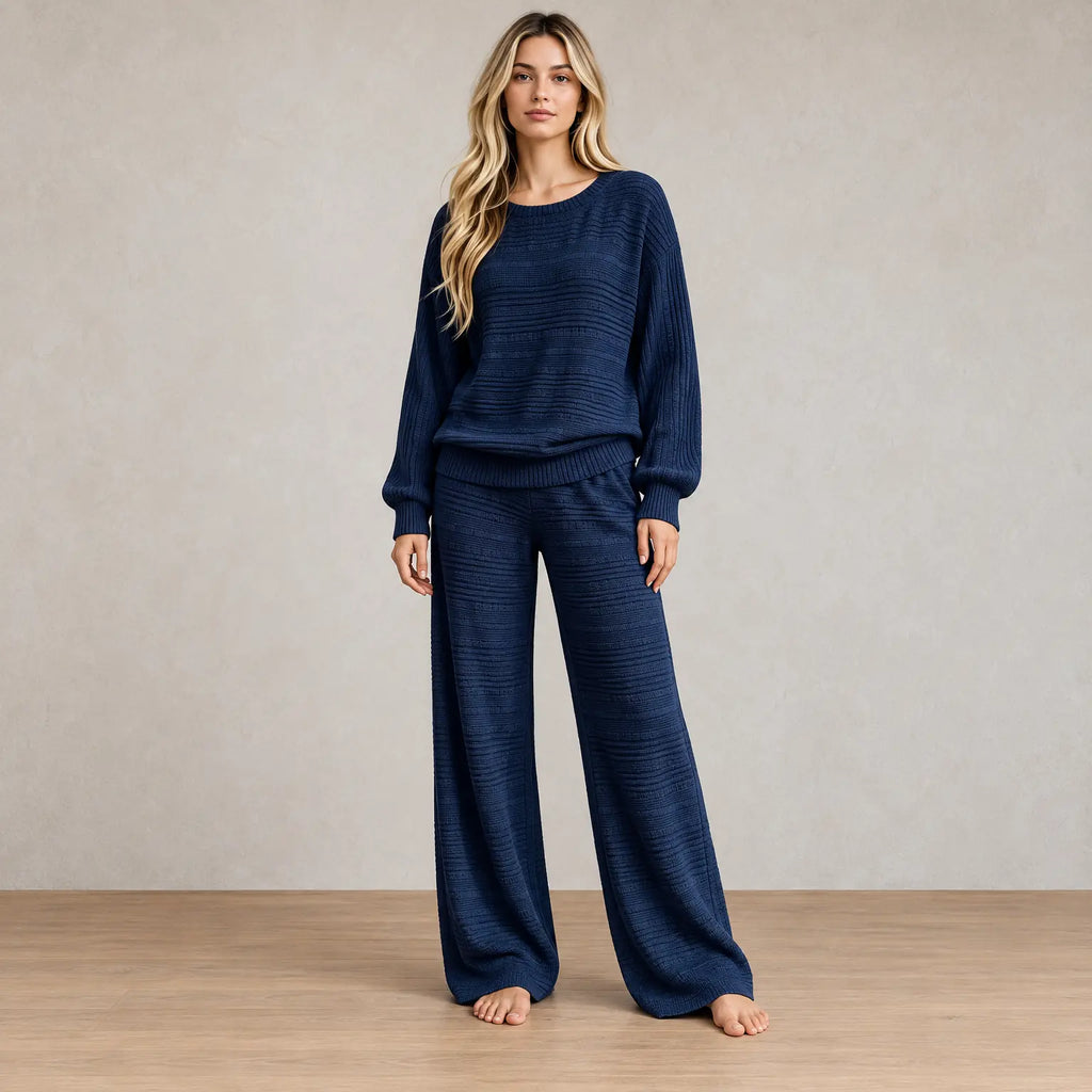 Women's Knit Set - Textured Crew Neck Sweater & Wide Leg Pants - Navy