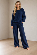 Women's Knit Set - Textured Crew Neck Sweater & Wide Leg Pants - Navy