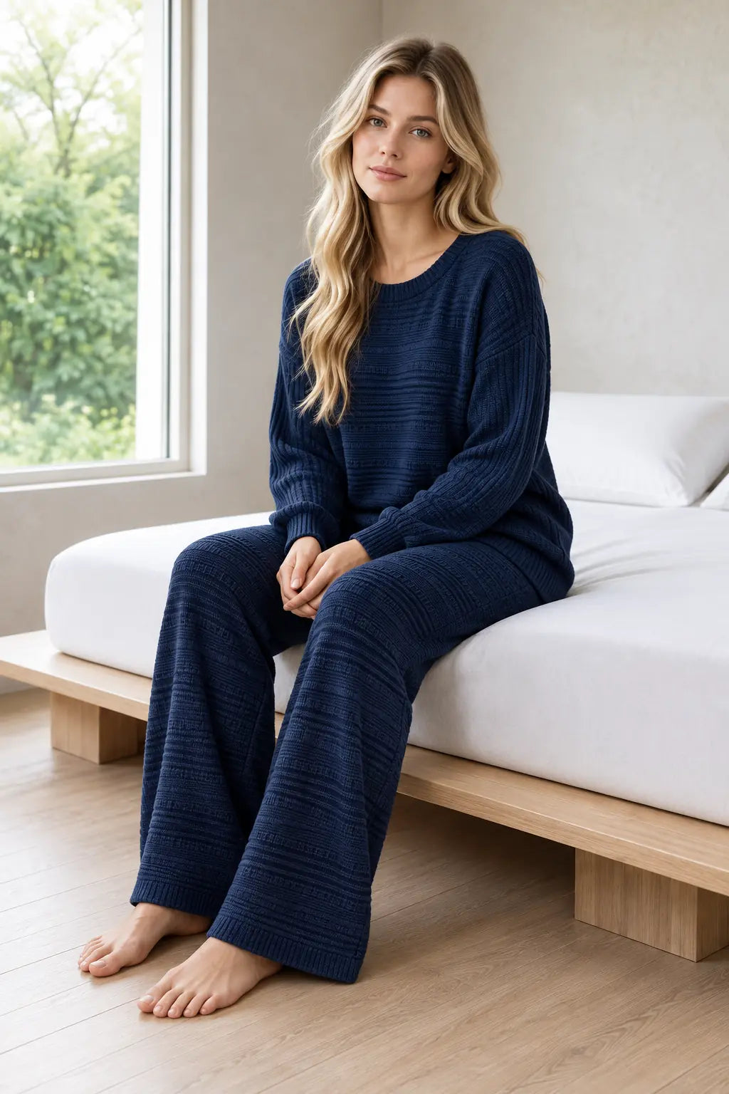 Women's Knit Set - Textured Crew Neck Sweater & Wide Leg Pants - Navy
