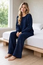 Women's Knit Set - Textured Crew Neck Sweater & Wide Leg Pants - Navy