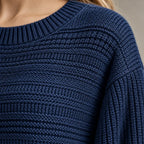 Women's Knit Set - Textured Crew Neck Sweater & Wide Leg Pants - Navy