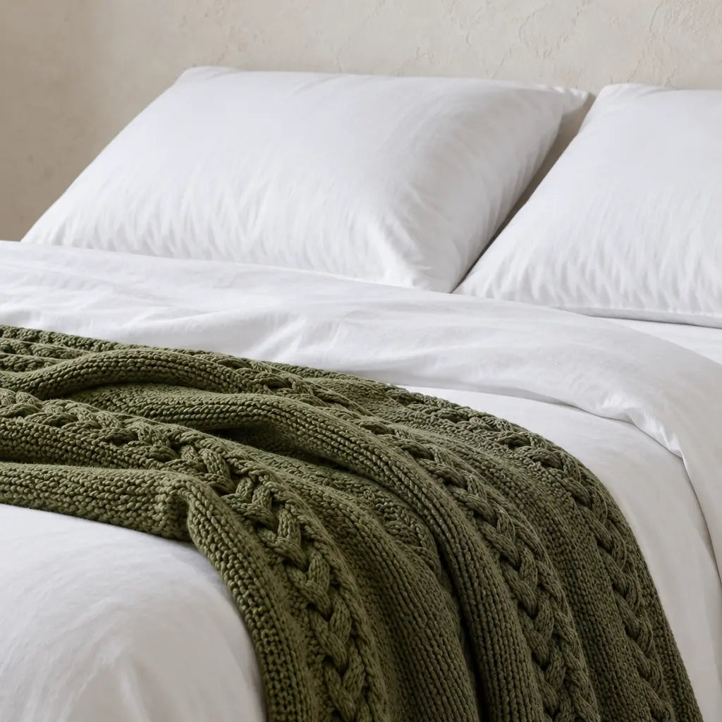 Throw Blanket - Chunky Cable Knit Throw - Army Green
