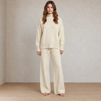 Women's Knit Set - Mock Neck Sweater & Wide Leg Pants - Apricot