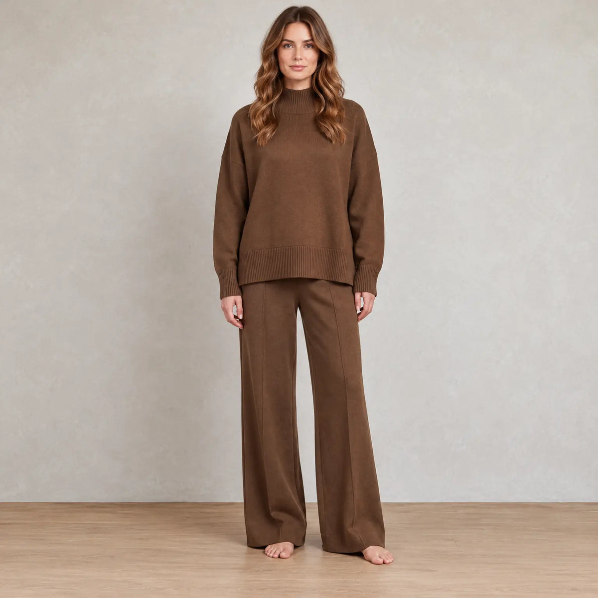Women's Knit Set - Mock Neck Sweater & Wide Leg Pants - Brown