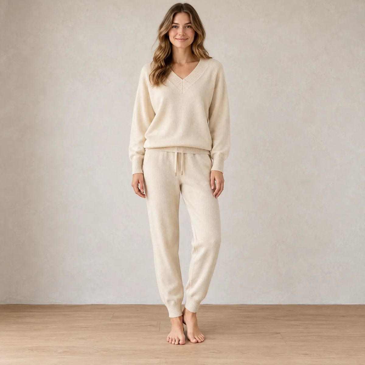 Women's Knit Set - V-Neck Sweater & Drawstring Jogger Pants - Apricot