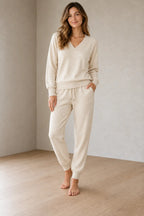 Women's Knit Set - V-Neck Sweater & Drawstring Jogger Pants - Apricot