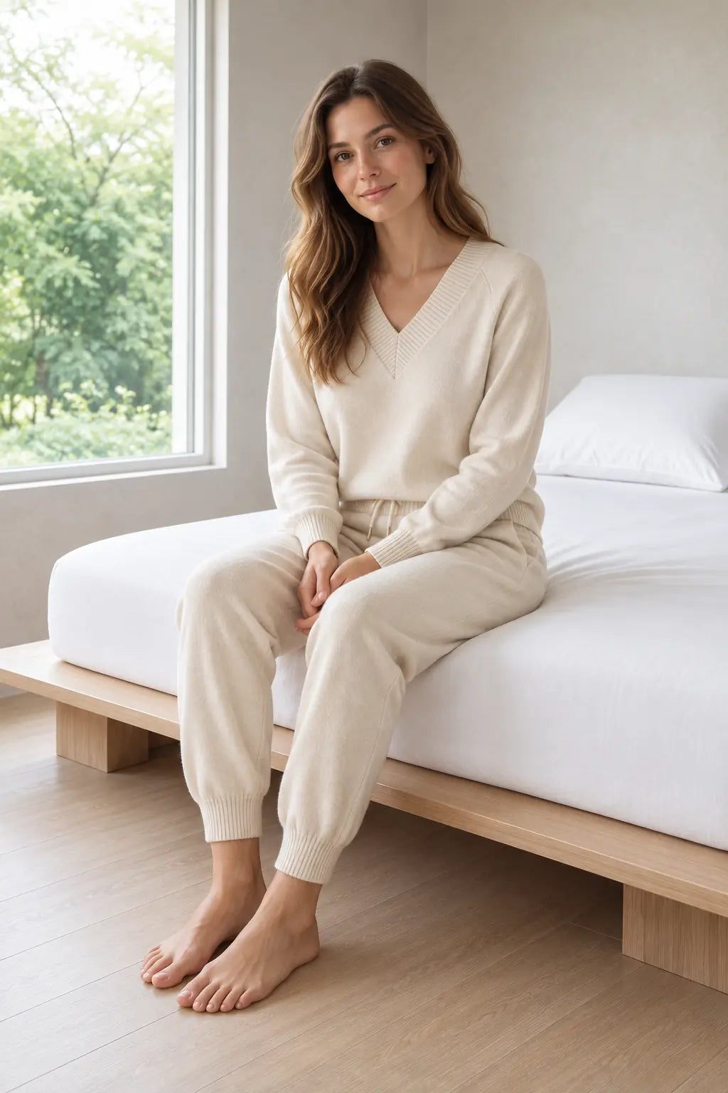 Women's Knit Set - V-Neck Sweater & Drawstring Jogger Pants - Apricot