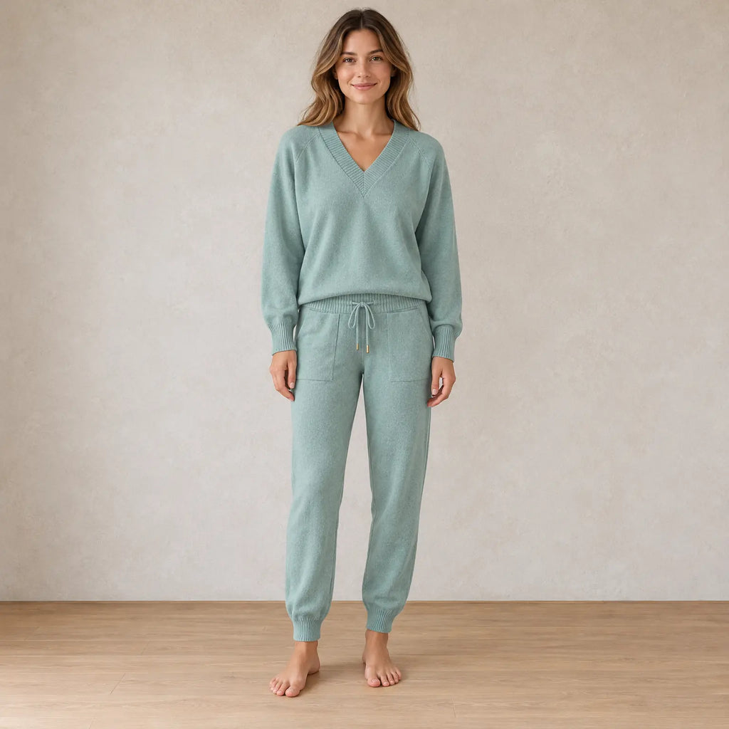 Women's Knit Set - V-Neck Sweater & Drawstring Jogger Pants - Green