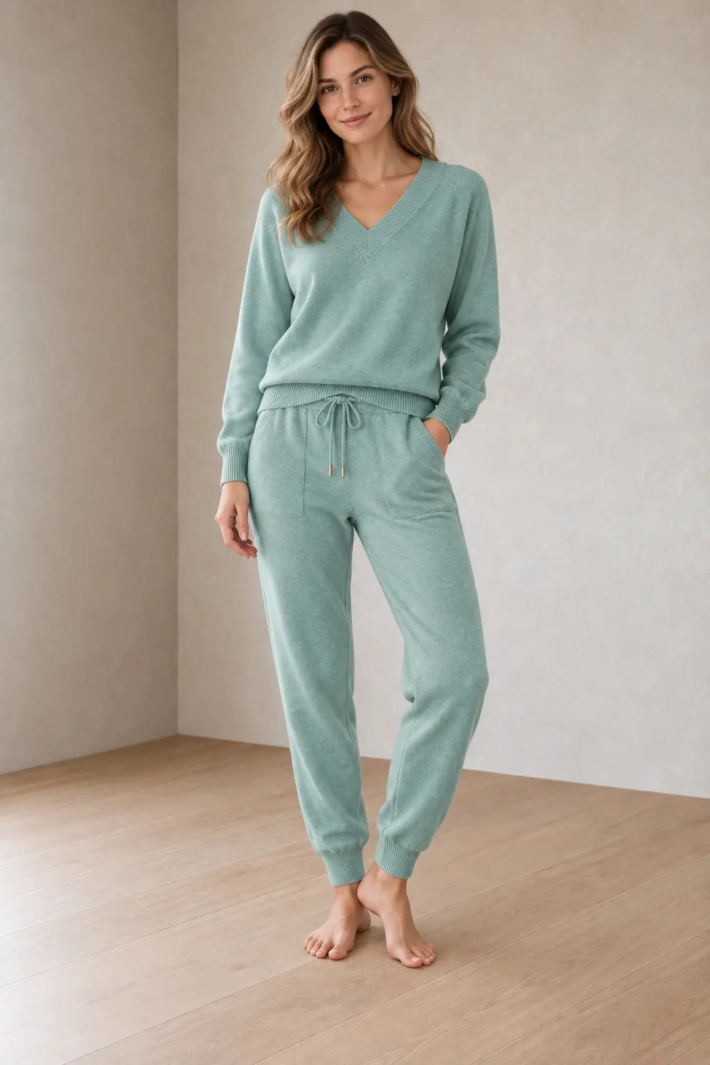 Women's Knit Set - V-Neck Sweater & Drawstring Jogger Pants - Green