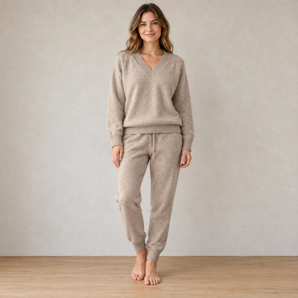 Women's Knit Set - V-Neck Sweater & Drawstring Jogger Pants - Khaki