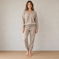 Women's Knit Set - V-Neck Sweater & Drawstring Jogger Pants - Khaki