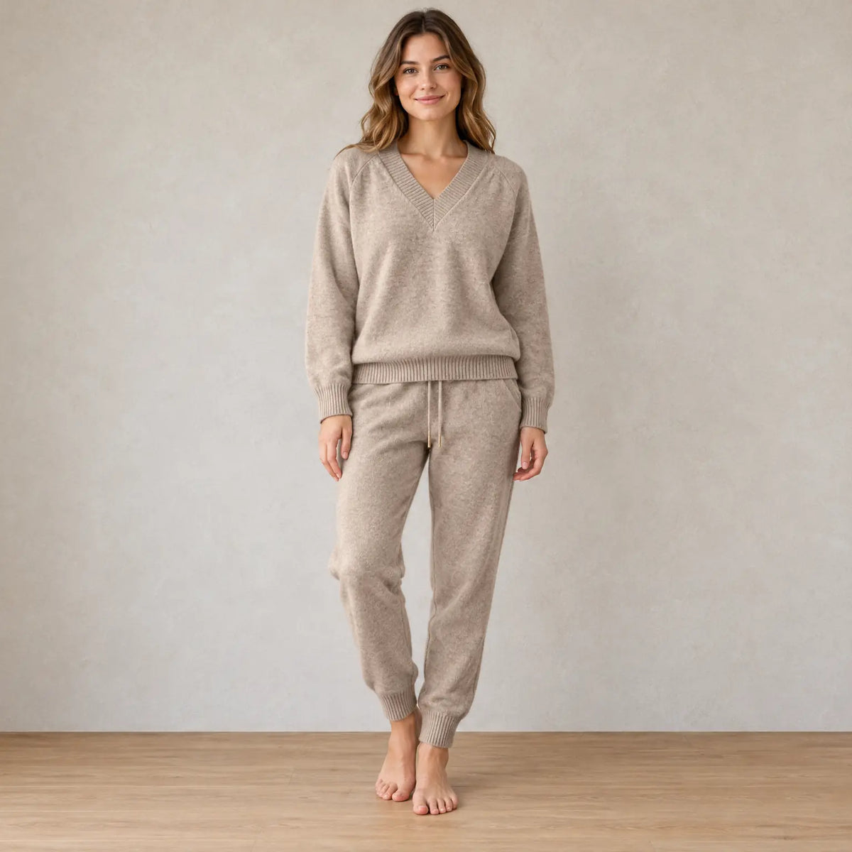 Women's Knit Set - V-Neck Sweater & Drawstring Jogger Pants - Khaki