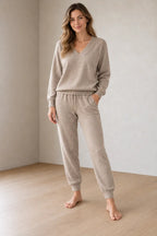 Women's Knit Set - V-Neck Sweater & Drawstring Jogger Pants - Khaki
