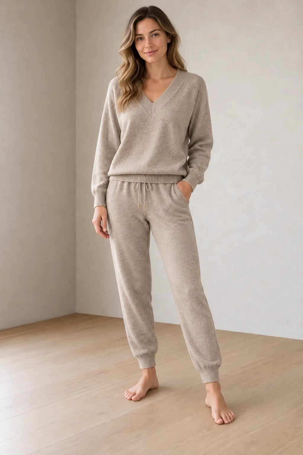 Women's Knit Set - V-Neck Sweater & Drawstring Jogger Pants - Khaki