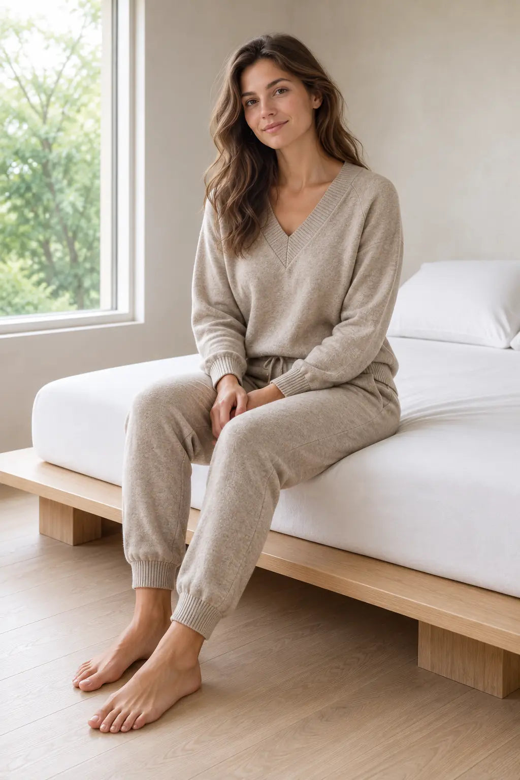 Women's Knit Set - V-Neck Sweater & Drawstring Jogger Pants - Khaki