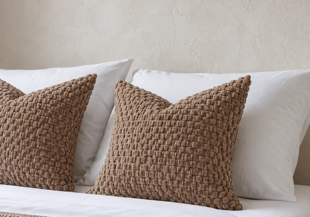 Throw Pillow Covers, Set of 2 - Chenille Bobble Weave - Camel