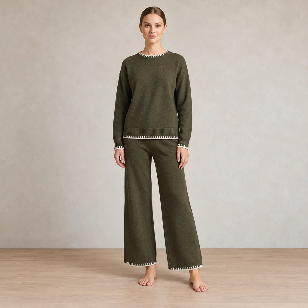 Women's Knit Set - Contrast Trim Crew Neck Sweater & Wide Leg Pants - Army Green