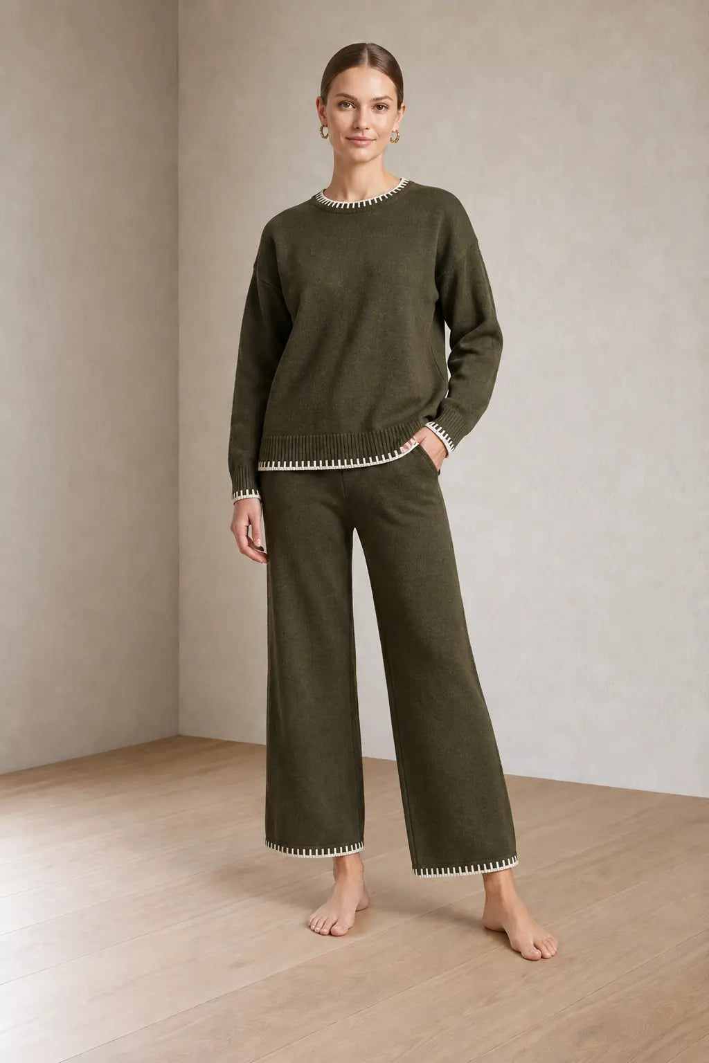 Women's Knit Set - Contrast Trim Crew Neck Sweater & Wide Leg Pants - Army Green