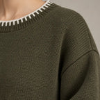 Women's Knit Set - Contrast Trim Crew Neck Sweater & Wide Leg Pants - Army Green