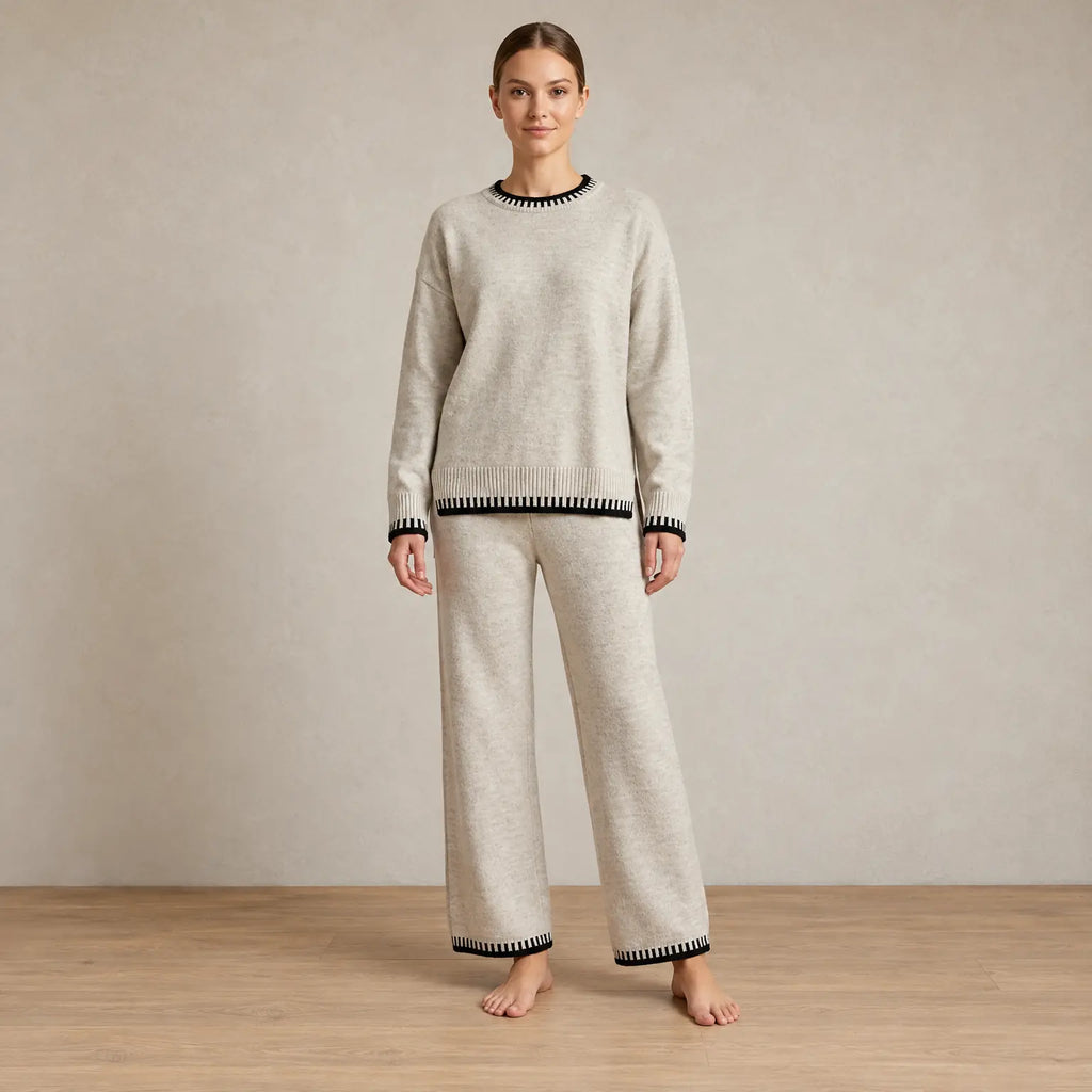 Women's Knit Set - Contrast Trim Crew Neck Sweater & Wide Leg Pants - Beige