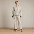 Women's Knit Set - Contrast Trim Crew Neck Sweater & Wide Leg Pants - Beige