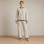 Women's Knit Set - Contrast Trim Crew Neck Sweater & Wide Leg Pants - Beige