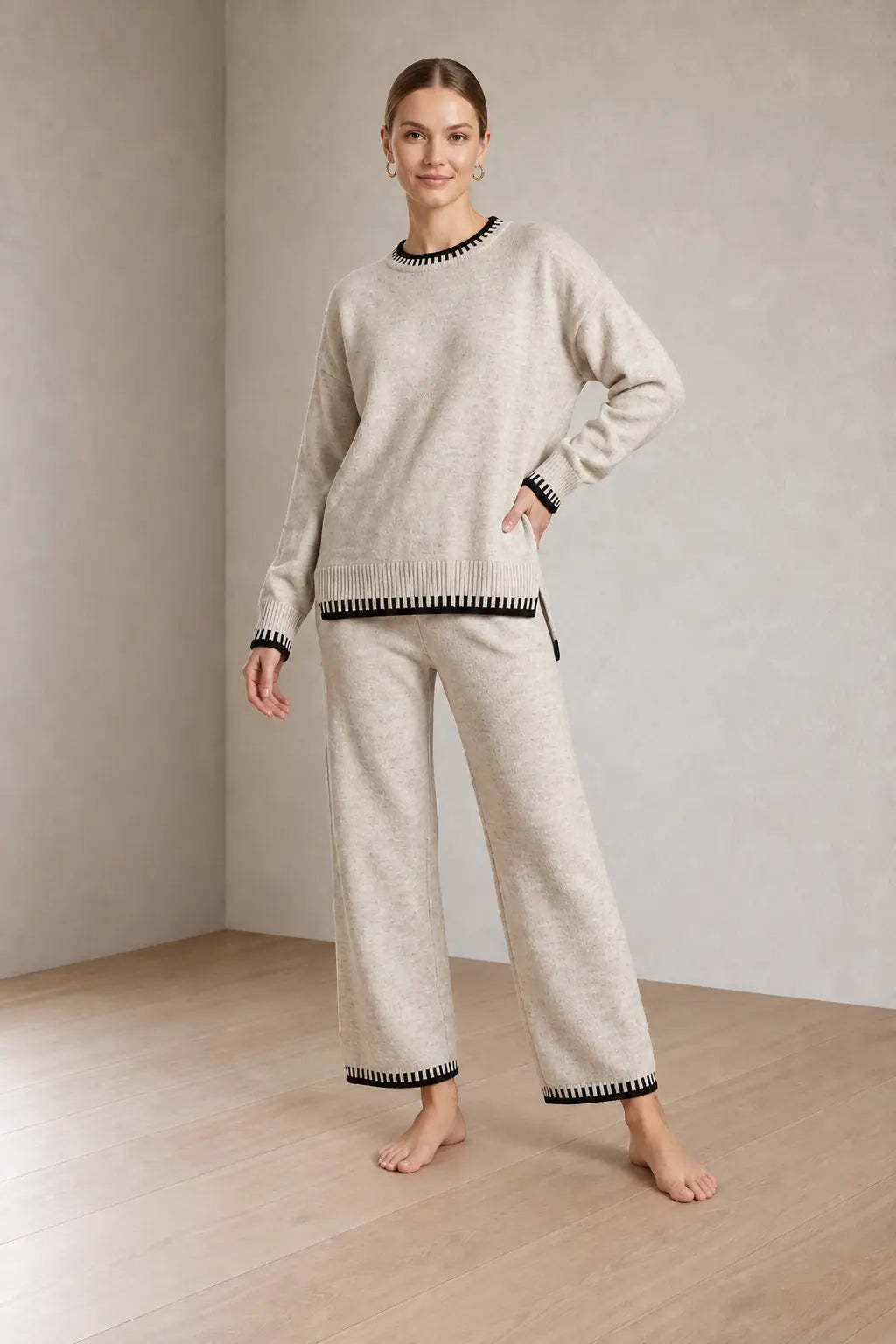 Women's Knit Set - Contrast Trim Crew Neck Sweater & Wide Leg Pants - Beige