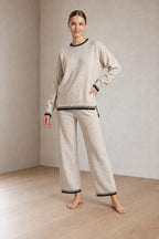 Women's Knit Set - Contrast Trim Crew Neck Sweater & Wide Leg Pants - Beige