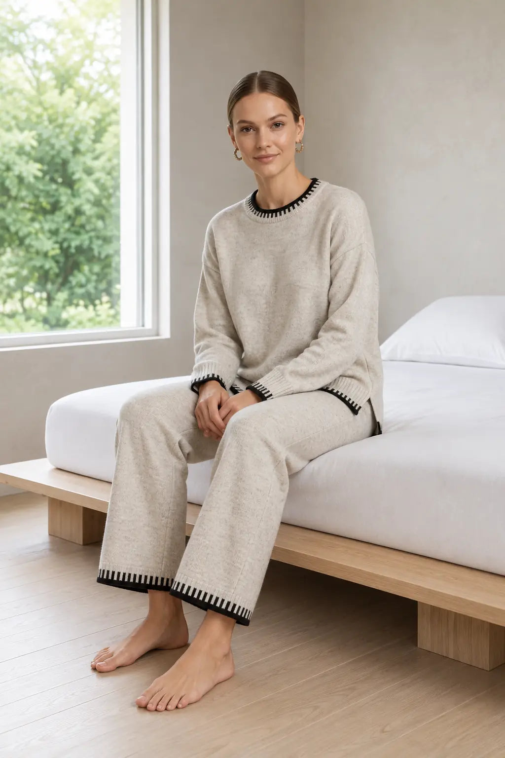 Women's Knit Set - Contrast Trim Crew Neck Sweater & Wide Leg Pants - Beige