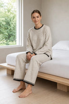 Women's Knit Set - Contrast Trim Crew Neck Sweater & Wide Leg Pants - Beige