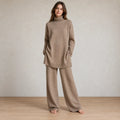 Women's Knit Set - Oversized Turtleneck Tunic Sweater & Wide Leg Pants - Beige