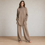 Women's Knit Set - Oversized Turtleneck Tunic Sweater & Wide Leg Pants - Beige