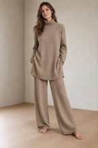 Women's Knit Set - Oversized Turtleneck Tunic Sweater & Wide Leg Pants - Beige