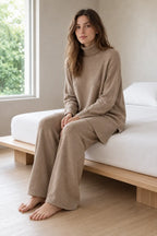 Women's Knit Set - Oversized Turtleneck Tunic Sweater & Wide Leg Pants - Beige