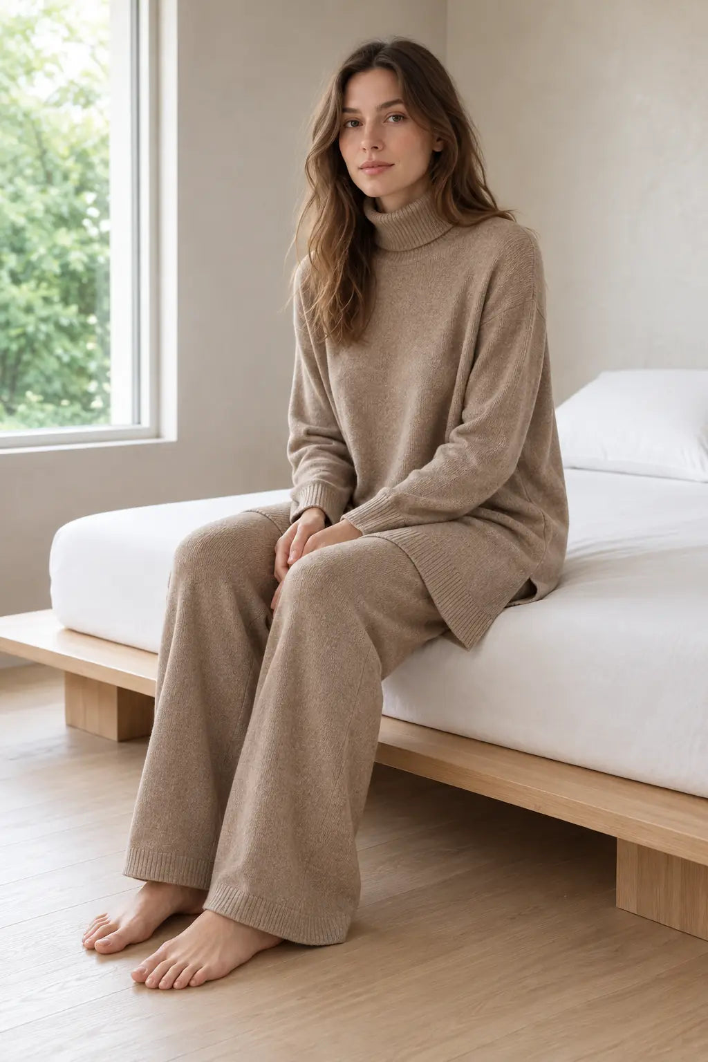 Women's Knit Set - Oversized Turtleneck Tunic Sweater & Wide Leg Pants - Beige