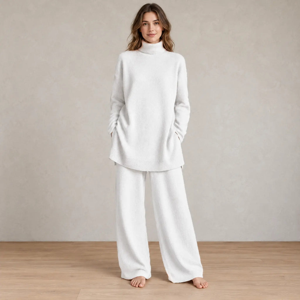 Women's Knit Set - Oversized Turtleneck Tunic Sweater & Wide Leg Pants - White