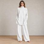 Women's Knit Set - Oversized Turtleneck Tunic Sweater & Wide Leg Pants - White