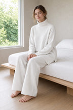 Women's Knit Set - Oversized Turtleneck Tunic Sweater & Wide Leg Pants - White