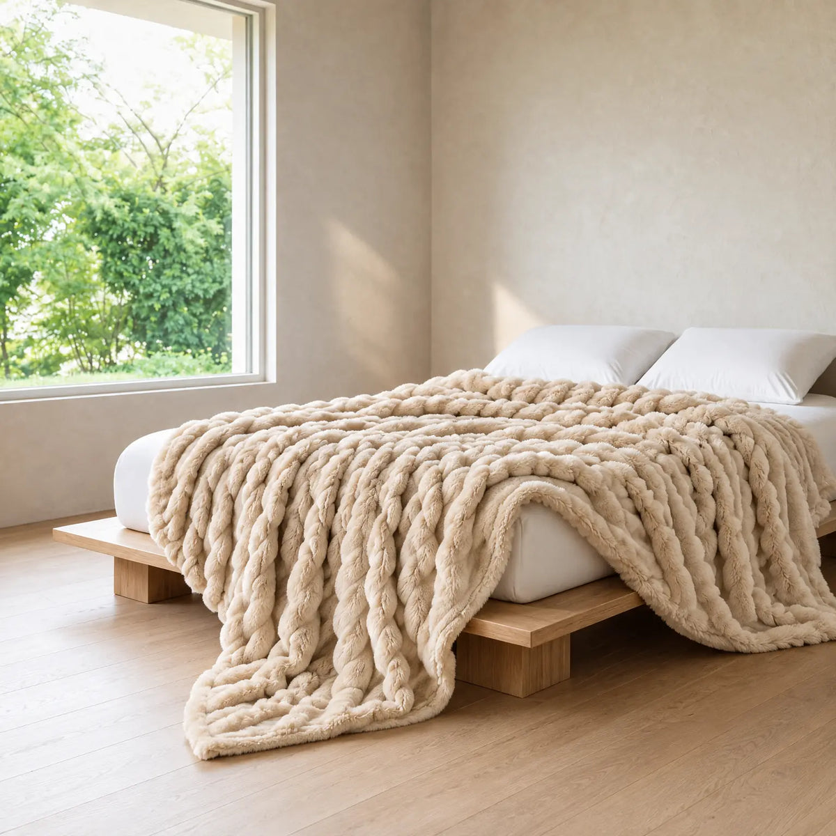 Faux Fur Throw Blanket - Ribbed Double-Sided Throw - Beige