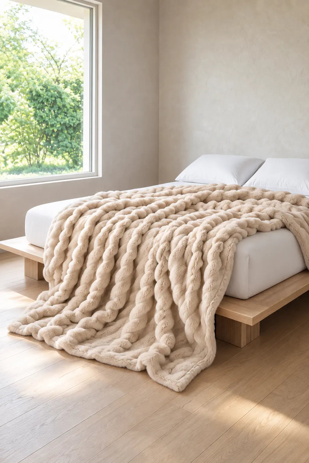 Faux Fur Throw Blanket - Ribbed Double-Sided Throw - Beige